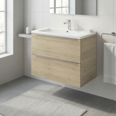 Meuble vasque suspendu effet chêne l.80 cm Imandra + plan vasque blanc céramique Nira, GoodHome