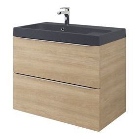Meuble vasque suspendu effet chêne l.80 cm Imandra + plan vasque noir résine Mila, GoodHome