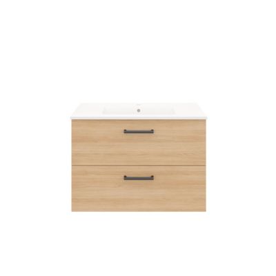 Meuble vasque suspendu effet chêne l.80 cm + plan vasque blanc en céramique, Opah