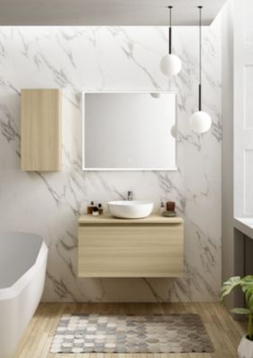 Meuble vasque suspendu effet chêne l.90 cm + plan de toilette effet chêne, Pura+