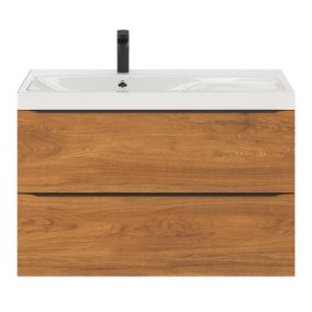 Meuble vasque suspendu effet noyer l.100 cm Imandra + plan vasque blanc résine, GoodHome