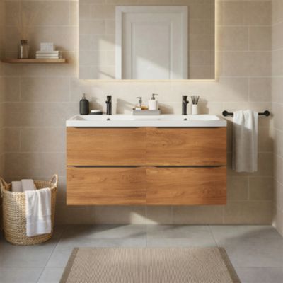 Meuble vasque suspendu effet noyer l.120 cm Imandra + plan double vasque blanc résine Mila, GoodHome