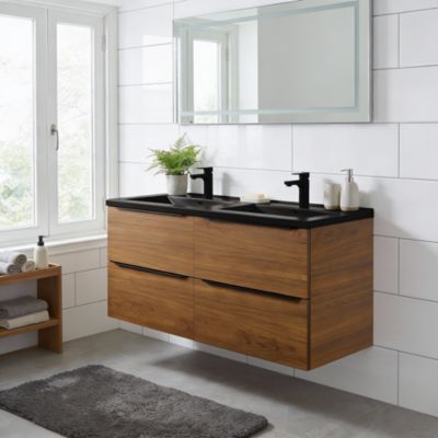 Meuble vasque suspendu effet noyer l.120 cm Imandra + plan double vasque noir céramique Nira, GoodHome