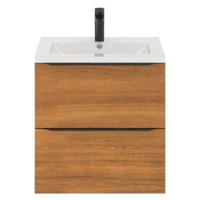 Meuble vasque suspendu effet noyer l.60 cm Imandra + plan vasque blanc céramique Nira, GoodHome