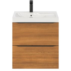 Meuble vasque suspendu effet noyer l.60 cm Imandra + plan vasque blanc résine Mila, GoodHome