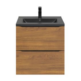 Meuble vasque suspendu effet noyer l.60 cm Imandra + plan vasque noir céramique Nira, GoodHome