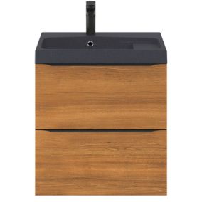 Meuble vasque suspendu effet noyer l.60 cm Imandra + plan vasque noir résine Mila, GoodHome