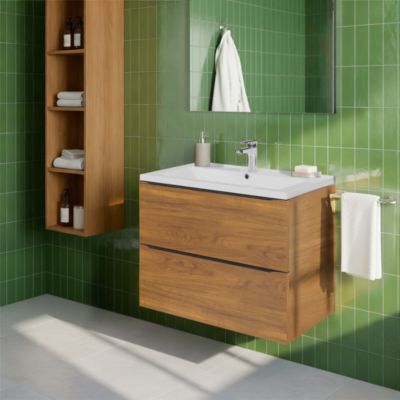 Meuble vasque suspendu effet noyer l.80 cm Imandra + plan vasque blanc céramique Nira, GoodHome