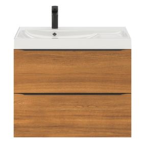 Meuble vasque suspendu effet noyer l.80 cm Imandra + plan vasque blanc résine Mila, GoodHome
