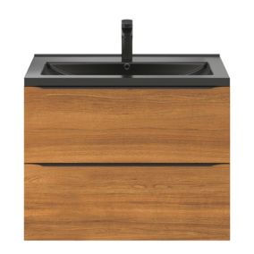 Meuble vasque suspendu effet noyer l.80 cm Imandra + plan vasque noir céramique, Nira GoodHome