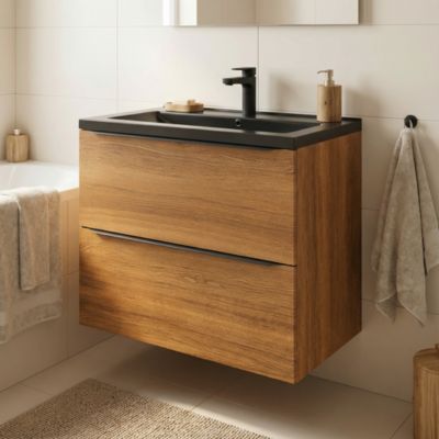 Meuble vasque suspendu effet noyer l.80 cm Imandra + plan vasque noir céramique, Nira GoodHome