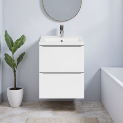 Meuble vasque suspendu faible profondeur blanc brillant l.50 cm Imandra + plan vasque blanc céramique Nira, GoodHome
