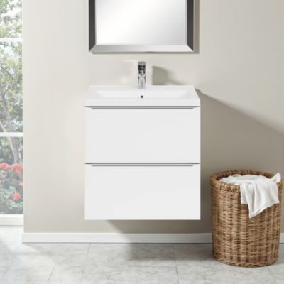 Meuble vasque suspendu faible profondeur blanc brillant l.60 cm Imandra + plan vasque blanc céramique Nira, GoodHome