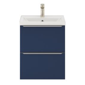 Meuble vasque suspendu faible profondeur bleu nuit mat l.50 cm Imandra + plan vasque blanc céramique Nira, GoodHome