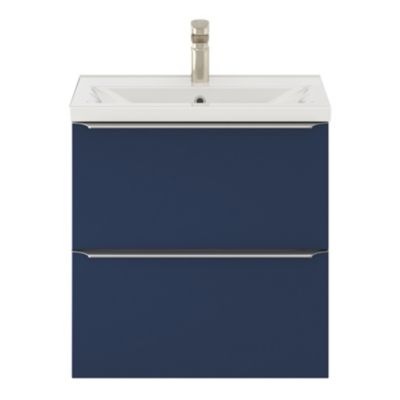 Meuble vasque suspendu faible profondeur bleu nuit mat l.60 cm Imandra + plan vasque blanc céramique, Nira GoodHome
