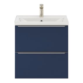 Meuble vasque suspendu faible profondeur bleu nuit mat l.60 cm Imandra + plan vasque blanc céramique, Nira GoodHome