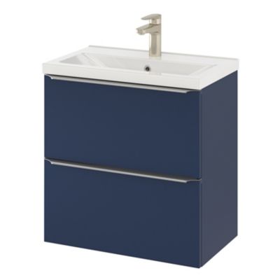 Meuble vasque suspendu faible profondeur bleu nuit mat l.60 cm Imandra + plan vasque blanc céramique, Nira GoodHome