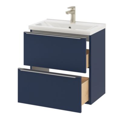 Meuble vasque suspendu faible profondeur bleu nuit mat l.60 cm Imandra + plan vasque blanc céramique, Nira GoodHome