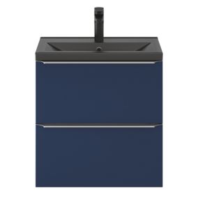 Meuble vasque suspendu faible profondeur bleu nuit mat l.60 cm Imandra + plan vasque noir céramique Nira, GoodHome