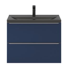Meuble vasque suspendu faible profondeur bleu nuit mat l.80 cm Imandra + plan vasque noir céramique Nira, GoodHome