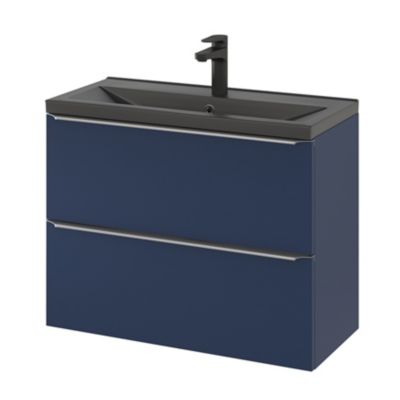 Meuble vasque suspendu faible profondeur bleu nuit mat l.80 cm Imandra + plan vasque noir céramique Nira, GoodHome