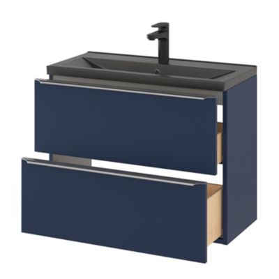 Meuble vasque suspendu faible profondeur bleu nuit mat l.80 cm Imandra + plan vasque noir céramique Nira, GoodHome