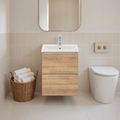 Meuble vasque suspendu faible profondeur effet chêne l.50 cm Imandra + plan vasque blanc céramique Nira, GoodHome