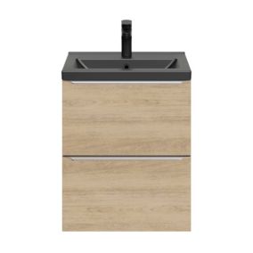 Meuble vasque suspendu faible profondeur effet chêne l.50 cm Imandra + plan vasque noir céramique Nira, GoodHome