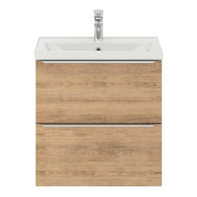 Meuble vasque suspendu faible profondeur effet chêne l.60 cm Imandra + plan vasque blanc céramique Nira, GoodHome