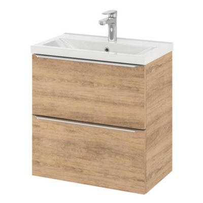 Meuble vasque suspendu faible profondeur effet chêne l.60 cm Imandra + plan vasque blanc céramique Nira, GoodHome