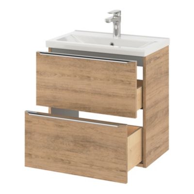 Meuble vasque suspendu faible profondeur effet chêne l.60 cm Imandra + plan vasque blanc céramique Nira, GoodHome