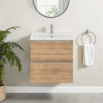 Meuble vasque suspendu faible profondeur effet chêne l.60 cm Imandra + plan vasque blanc céramique Nira, GoodHome
