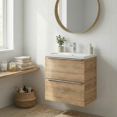 Meuble vasque suspendu faible profondeur effet chêne l.60 cm Imandra + plan vasque blanc céramique Nira, GoodHome