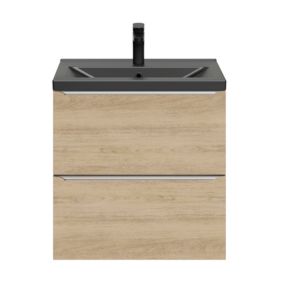 Meuble vasque suspendu faible profondeur effet chêne l.60 cm Imandra + plan vasque noir céramique Nira, GoodHome