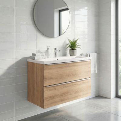 Meuble vasque suspendu faible profondeur effet chêne l.80 cm Imandra + plan vasque blanc céramique Nira, GoodHome
