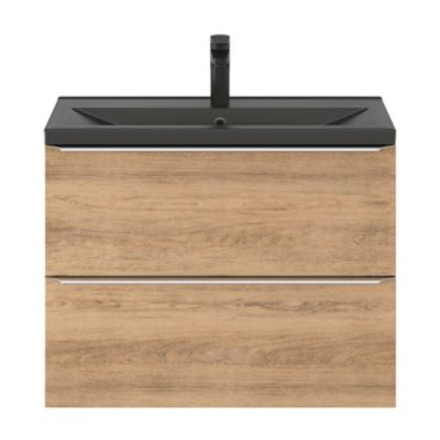 Meuble vasque suspendu faible profondeur effet chêne l.80 cm Imandra + plan vasque noir céramique Nira, GoodHome