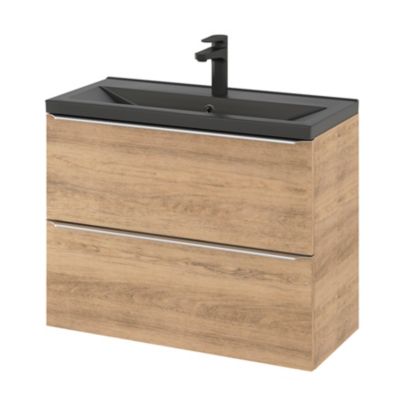 Meuble vasque suspendu faible profondeur effet chêne l.80 cm Imandra + plan vasque noir céramique Nira, GoodHome