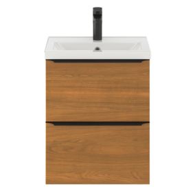 Meuble vasque suspendu faible profondeur effet noyer l.50 cm Imandra + plan vasque blanc céramique Nira, GoodHome