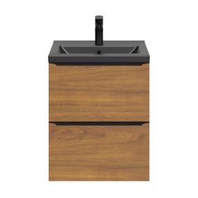 Meuble vasque suspendu faible profondeur effet noyer l.50 cm Imandra + plan vasque noir céramique Nira, GoodHome