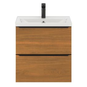 Meuble vasque suspendu faible profondeur effet noyer l.60 cm Imandra + plan vasque blanc céramique Nira, GoodHome