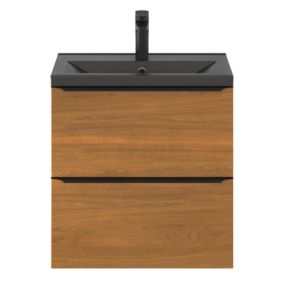 Meuble vasque suspendu faible profondeur effet noyer l.60 cm Imandra + plan vasque noir céramique Nira, GoodHome