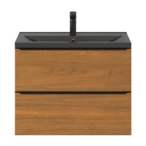Meuble vasque suspendu faible profondeur effet noyer l.80 cm Imandra + plan vasque noir céramique, Nira GoodHome