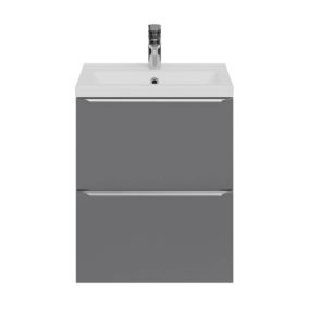 Meuble vasque suspendu faible profondeur gris brillant l.50 cm Imandra + plan vasque blanc céramique Nira, GoodHome