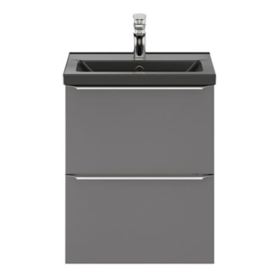 Meuble vasque suspendu faible profondeur gris brillant l.50 cm Imandra + plan vasque noir céramique Nira, GoodHome