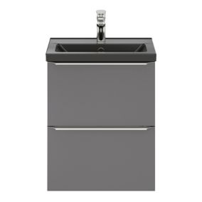 Meuble vasque suspendu faible profondeur gris brillant l.50 cm Imandra + plan vasque noir céramique Nira, GoodHome