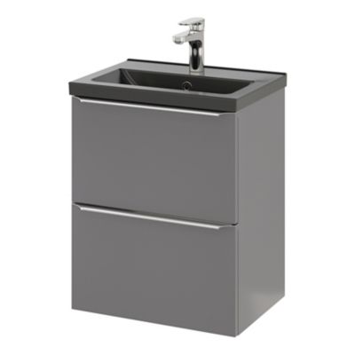 Meuble vasque suspendu faible profondeur gris brillant l.50 cm Imandra + plan vasque noir céramique Nira, GoodHome