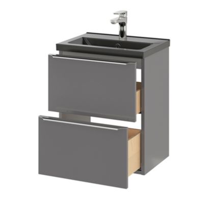 Meuble vasque suspendu faible profondeur gris brillant l.50 cm Imandra + plan vasque noir céramique Nira, GoodHome