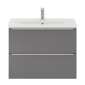 Meuble vasque suspendu faible profondeur gris brillant l.80 cm Imandra + plan vasque blanc céramique Nira, GoodHome