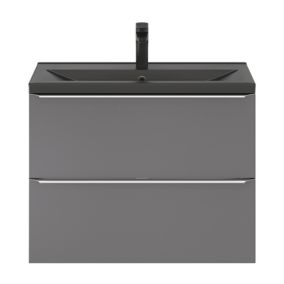 Meuble vasque suspendu faible profondeur gris brillant l.80 cm Imandra + plan vasque noir céramique Nira, GoodHome
