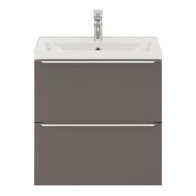 Meuble vasque suspendu faible profondeur gris taupe brillant l.60 cm Imandra + plan vasque blanc céramique Nira, GoodHome
